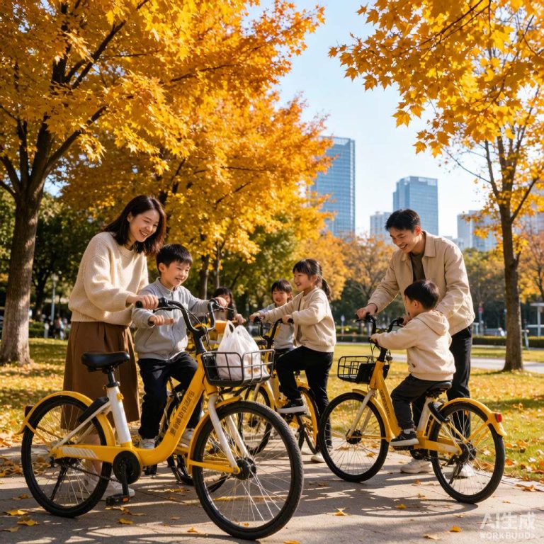 初秋广州亲子家庭在平坦绿道骑行散步，老人小孩同游