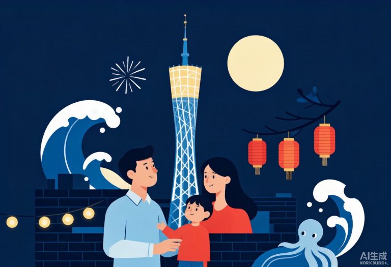 广州塔双节夜游插画：一家三口在月光与花灯下的广州塔游览