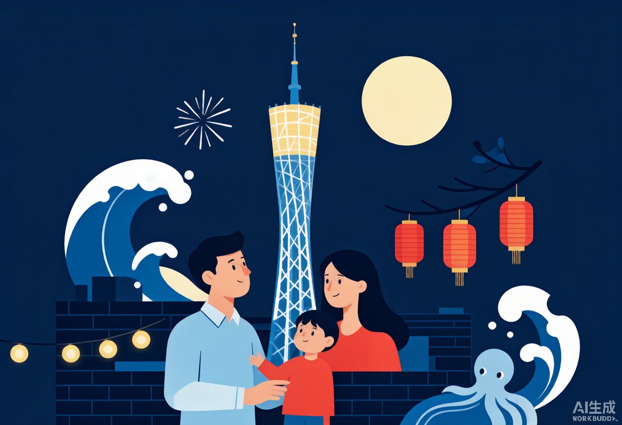 广州塔双节亲子玩法|云端赏月+海洋馆嫦娥+岭南非遗 广州塔双节夜游插画:一家三口在月光与花灯下的广州塔游览