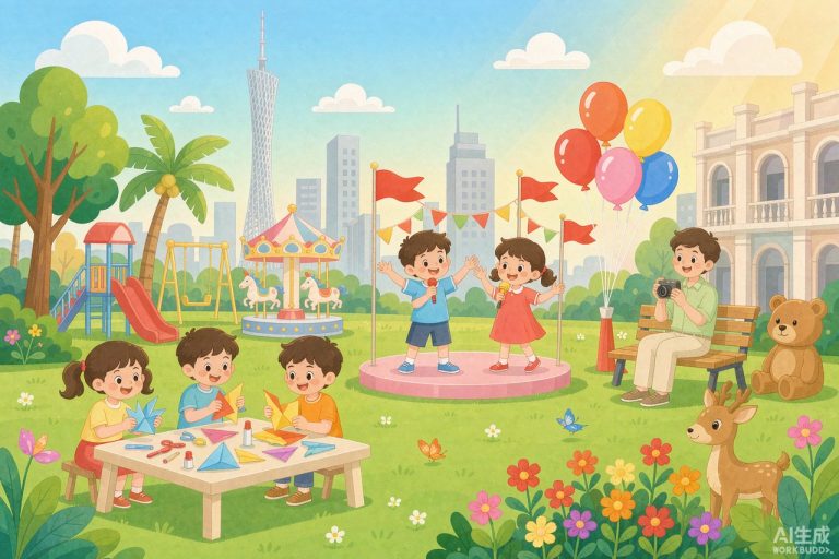 广州市儿童公园国庆红歌与手工活动现场，亲子家庭草坪同乐