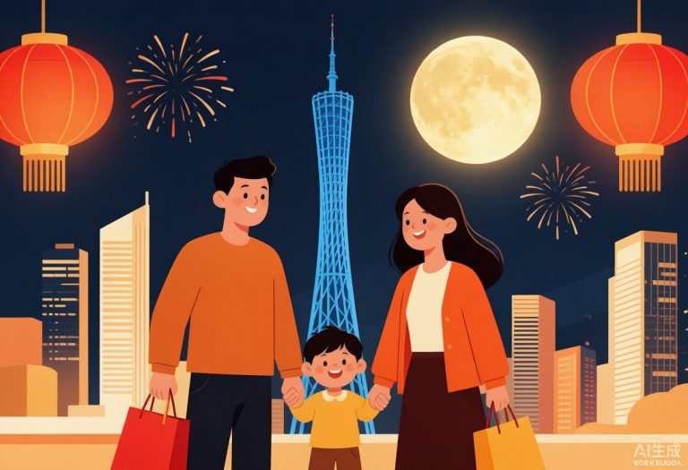 广州中秋国庆亲子出游插画：一家三口在广州塔与花灯月光下欢度佳节