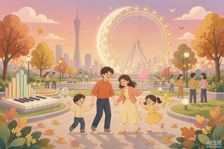 广州双节新开城市音乐公园与摩天轮夜景，家长带娃傍晚散步打卡