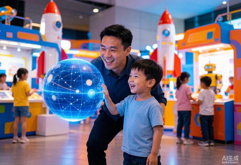 广州科普嘉年华亲子活动现场，父子在体验发光星球全息互动装置