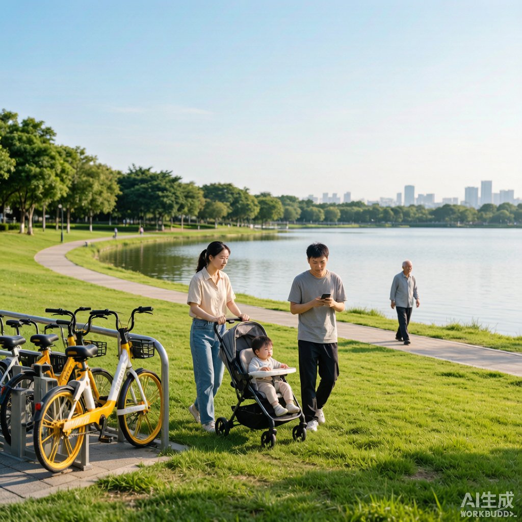 父母推婴儿车带幼儿在湖边平地公园散步，长辈同行