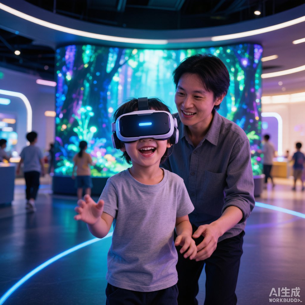 孩子佩戴VR头显在发光森林中体验，家长在旁陪伴