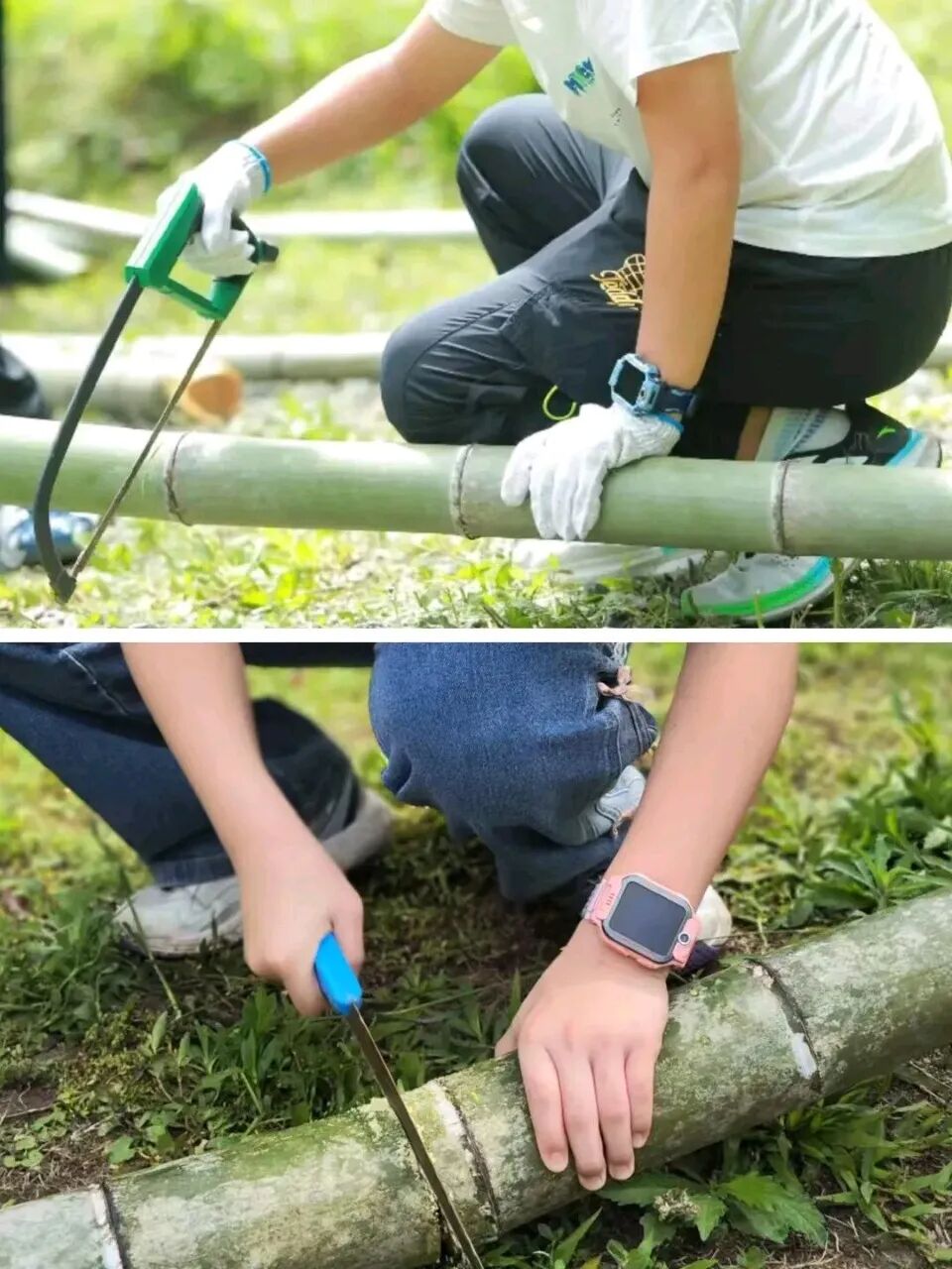 小朋友打磨制作竹笔筒