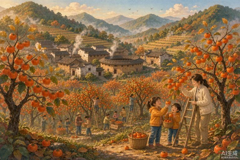 广州从化柿子季秋日亲子场景，家长和孩子在柿林间提篮采摘，背景是岭南村落与青山