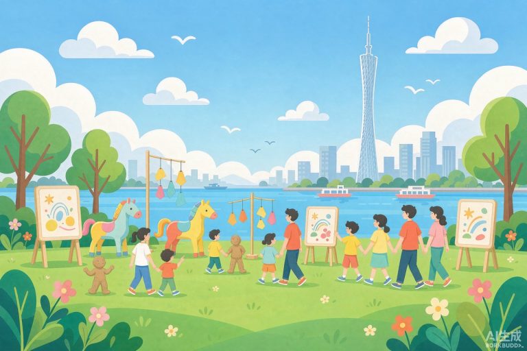 二沙岛草坪上的儿童户外艺术展，家长与孩子在彩色雕塑间散步，远处是珠江与广州塔的插画