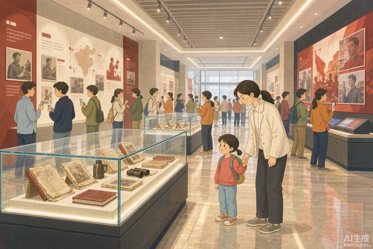广东省博物馆长征主题展|免费红色文化亲子观展 广东省博物馆长征胜利90周年主题展展厅内家长带孩子观看革命文物展板与实物展柜