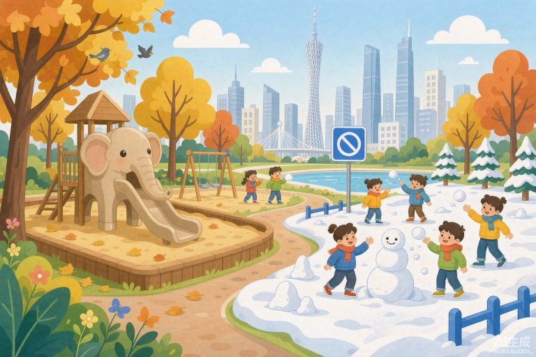 广州市儿童公园秋日场景，戏水区停止开放提示牌与户外真雪乐园里玩雪的亲子家庭插画