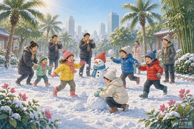 广州户外真雪乐园亲子场景，孩子们穿冬装在雪地堆雪人打雪仗，家长在旁拍照