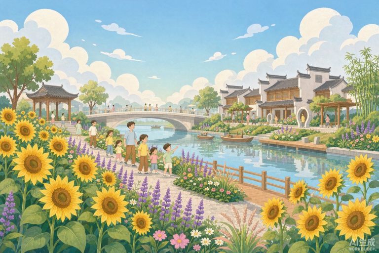 广州园林博览会运河岸边向日葵与鼠尾草花海中家长带孩子沿木栈道赏花