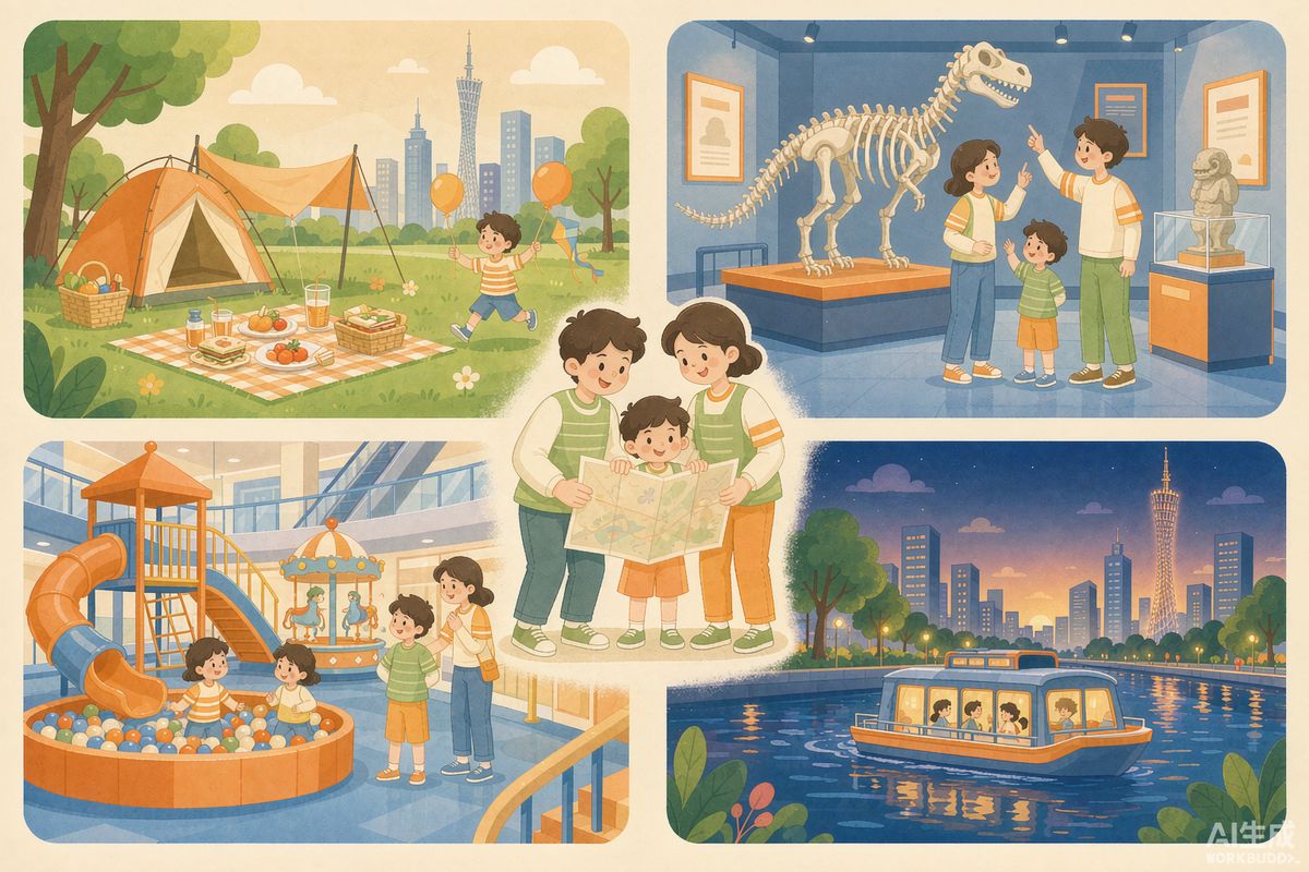 广州亲子周末出游四宫格插画，包含公园露营野餐、博物馆看展、商场儿童乐园与珠江夜游四种场景