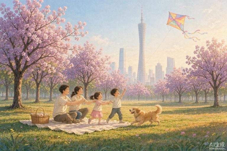 周末广州亲子出行拼图场景，晴天草地野餐与雨天室内博物馆参观并列，家长带孩子在两侧切换