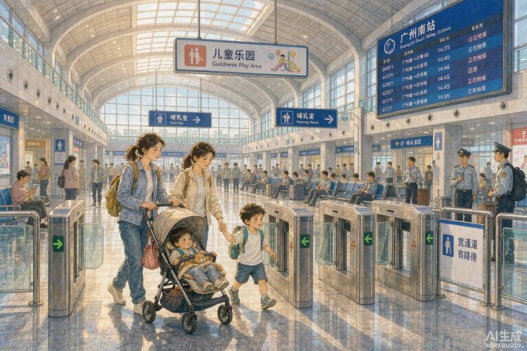 广州南站带娃出行场景，家长推婴儿车牵孩子走过宽通道闸机，旁边有儿童乐园与哺乳室指示牌