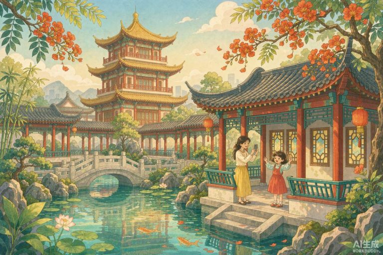 高架桥底下阴凉处孩子们在沙池滑梯和攀爬网玩耍，家长在旁边草地铺野餐垫
