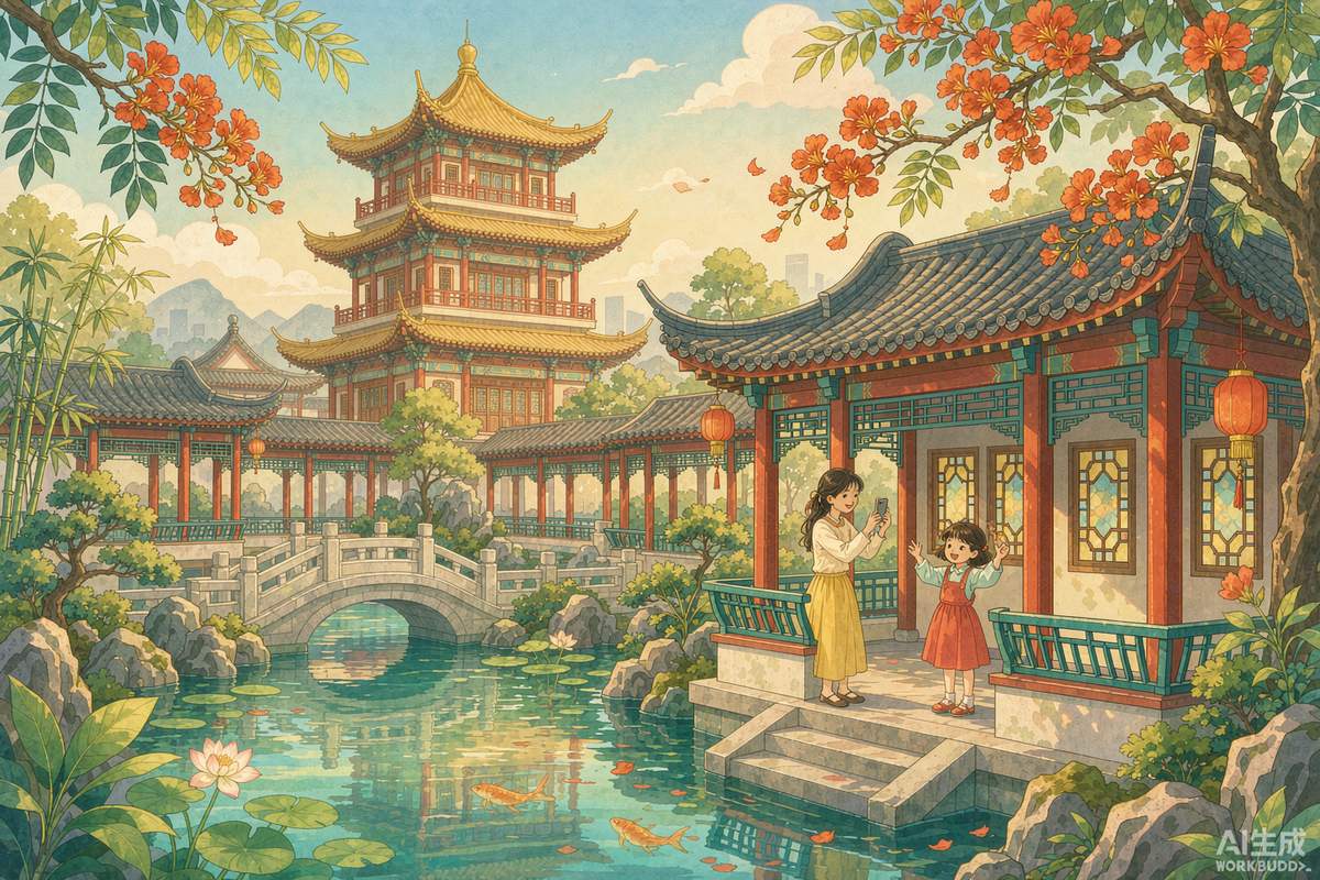高架桥底下阴凉处孩子们在沙池滑梯和攀爬网玩耍，家长在旁边草地铺野餐垫