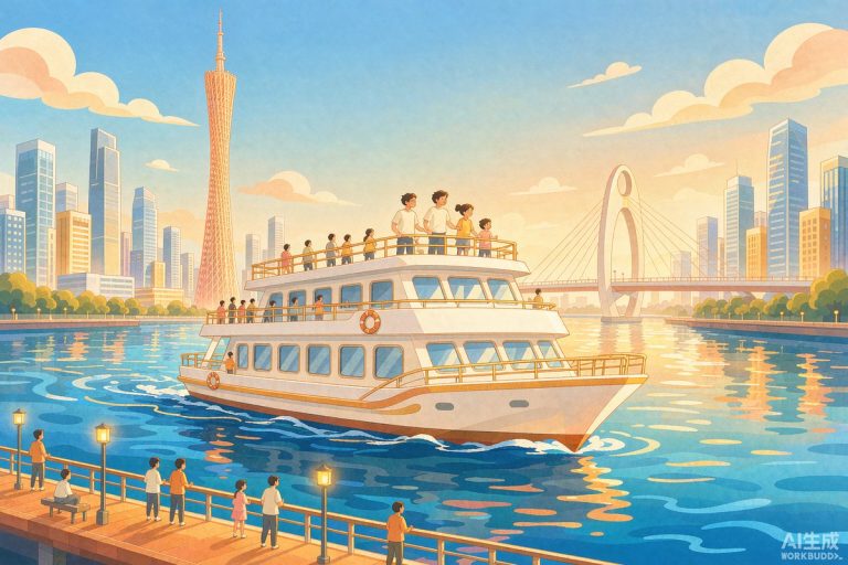家长带孩子站在珠江渡轮甲板上看江景，远处是广州塔与猎德大桥