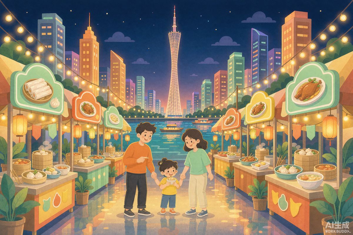 夜晚的海心沙露天美食市集插画，父母牵着孩子在灯串摊位前尝小份点心，远处是广州塔夜景