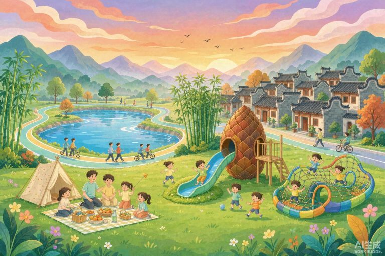 岭南村落矿坑湖边的露营场景插画，孩子在松果造型滑梯玩耍，家庭在草坪搭帐篷野餐，远处竹林与镬耳屋