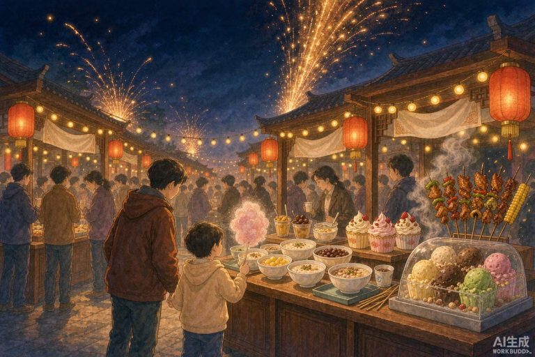 广州秋日夜市美食节场景，家长牵着孩子在暖黄串灯下的甜品摊位前，远处天空有金色烟花光点