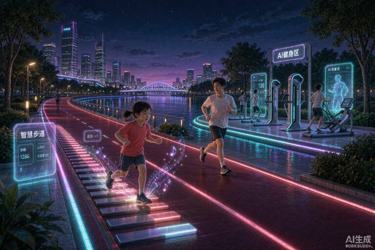 广州南沙蕉门公园智慧体育空间夜景，孩子在红色智能步道踩地面钢琴琴键，家长旁慢跑