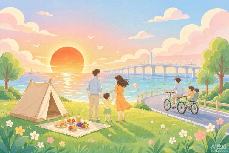 广州南沙滨海大草坪上亲子搭帐篷看日落并在滨海绿道骑行的秋日场景